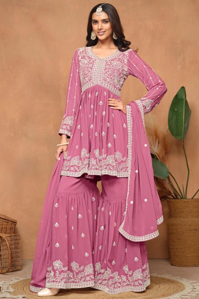 Light Pink Georgette Embroidered Sharara Kurta Set