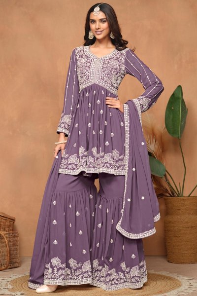 Deep Lilac Georgette Embroidered Sharara Kurta Set