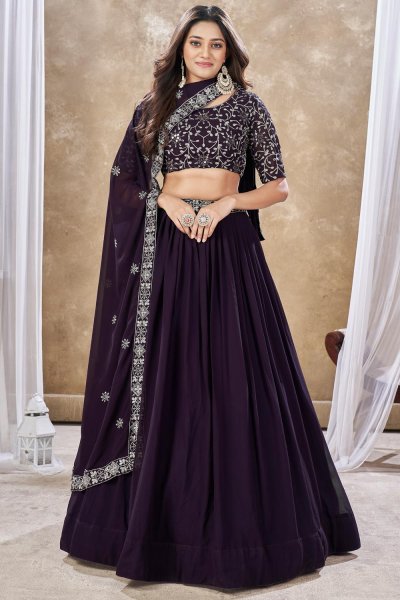 Deep Violet Georgette Embroidered Lehenga Set