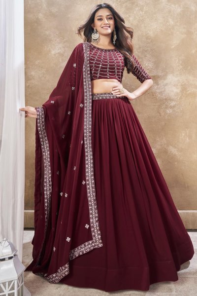 Maroon Georgette Embroidered Lehenga Set