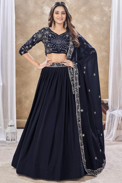 Navy Blue Georgette Embroidered Lehenga Set