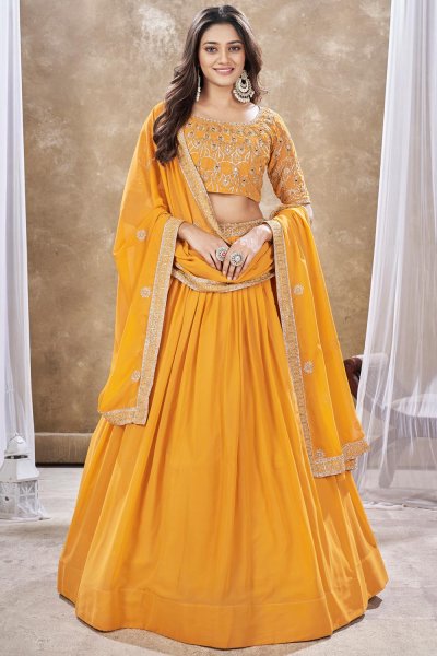 Mustard Georgette Embroidered Lehenga Set