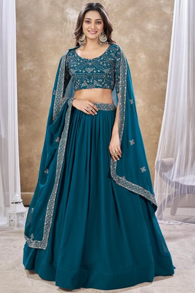 Prussian Blue Georgette Embroidered Lehenga Set