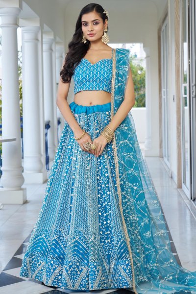 Sky Blue Net Embroidered Lehenga Set