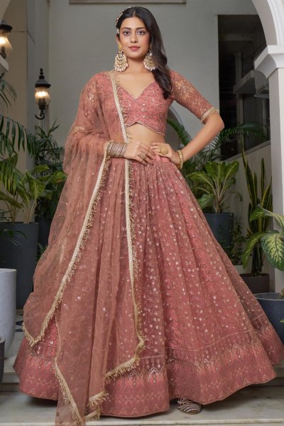 Rust Peach Net Embroidered Lehenga Set