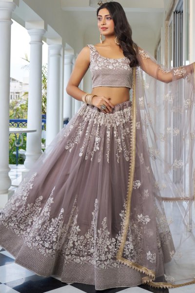 Mauve Net Embroidered Lehenga Set