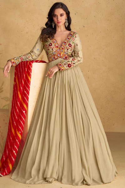 Beige Georgette Embroidered Anarkali Dress With Dupatta