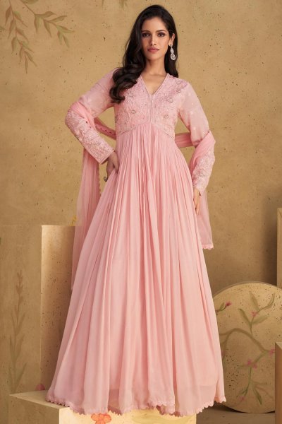 Light Pink Georgette Embroidered Anarkali Dress With Dupatta