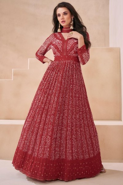 Red Georgette Printed & Embroidered Anarkali Dress With Dupatta