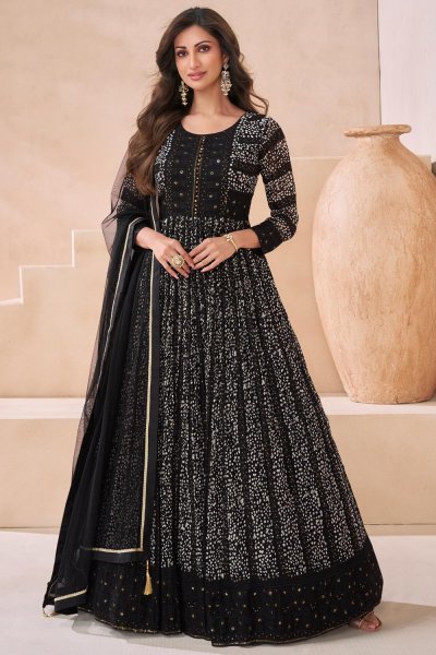 Black Georgette Printed & Embroidered Anarkali Dress With Dupatta