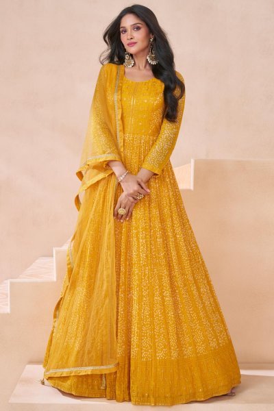 Yellow Georgette Printed & Embroidered Anarkali Dress With Dupatta