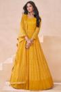 Yellow Georgette Printed & Embroidered Anarkali Dress With Dupatta