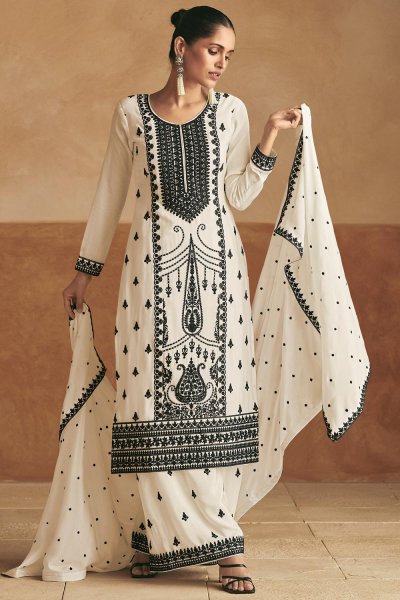 Ivory Chinon Silk Embroidered Kurta Set