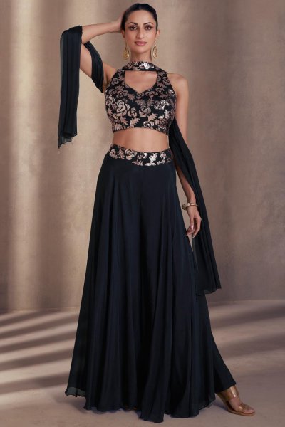 Dark Navy Chinon Silk Printed & Embroidered Indowestern 3 Piece attire