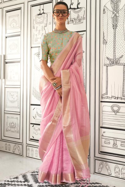 Light Pink Chiffon Handloom Woven Saree