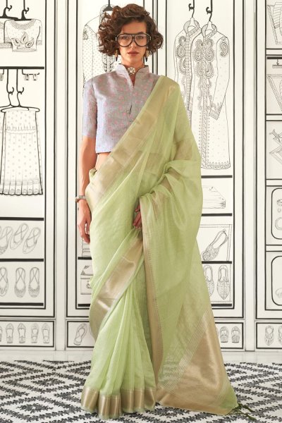 Pastel Green Chiffon Handloom Woven Saree