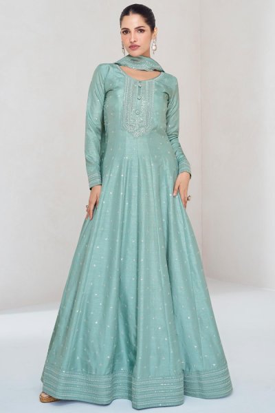 Turquoise Silk Embroidered Anarkali Dress With Dupatta