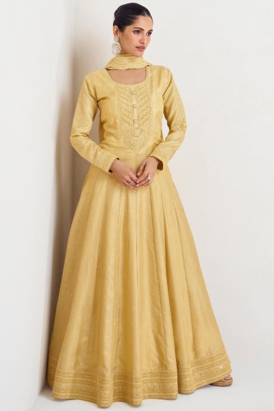 Yellow Silk Embroidered Anarkali Dress With Dupatta