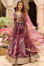 Wine Georgette Printed & Embroidered Anarkali Dress With Dupatta