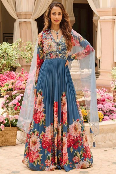 Blue Georgette Printed & Embroidered Anarkali Dress With Dupatta