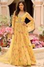 Stunning Yellow Georgette Printed & Embroidered Anarkali Dress With Dupatta