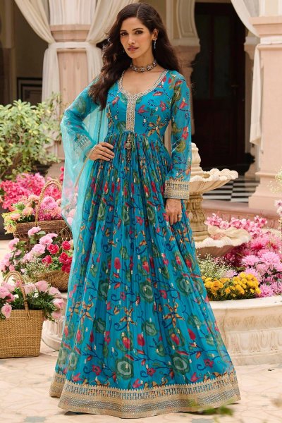 Turquoise Blue Georgette Printed & Embroidered Anarkali Dress With Dupatta