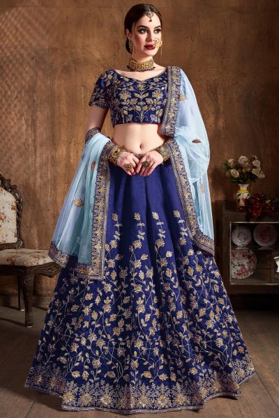 Navy Blue Silk Embroidered Lehenga Set