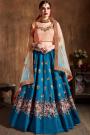 Prussian Blue & Peach Silk Embroidered Lehenga Set