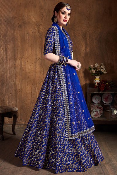 Royal Blue Silk Embroidered Lehenga Set