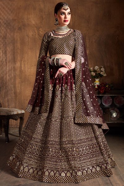 Maroon & Gold Silk Embroidered Lehenga Set