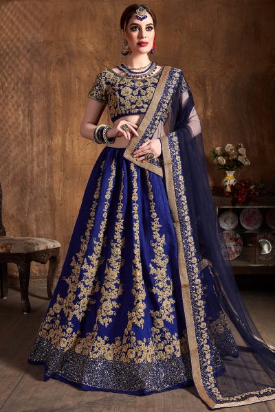 Navy Blue Silk Embroidered Lehenga Set