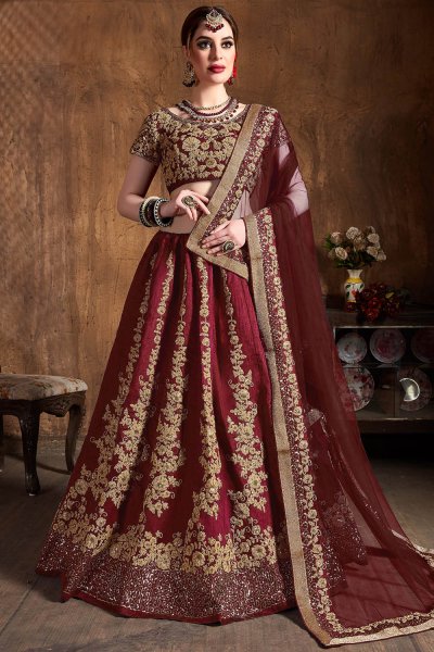 Maroon Silk Embroidered Lehenga Set