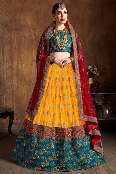 Yellow, Prussian Blue, & Red Banarasi Silk Embroidered Lehenga Set