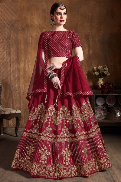 Deep Red Silk Embroidered Lehenga Set