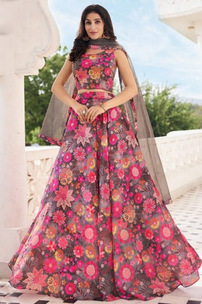 Grey & Pink Chinon Silk Floral Print & Embroidered Lehenga Set