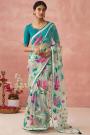 Turquoise & Multicolor Organza Silk Printed Saree