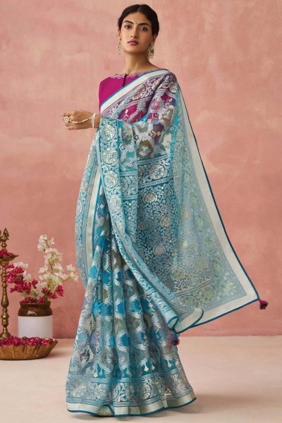 Ivory & Blue Organza Silk Printed Saree