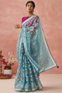 Ivory & Blue Organza Silk Printed Saree