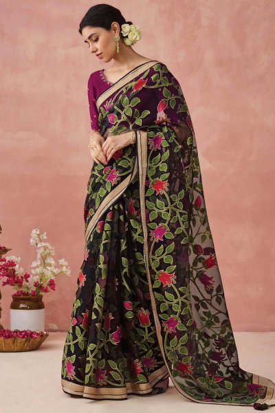 Black Organza Silk Printed Saree