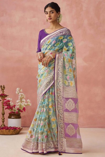 Aqua & Lilac Organza Silk Printed Saree