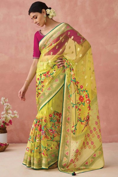 Mustard Organza Silk Printed Saree