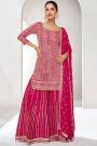 Magenta Pink Chinon Silk Embroidered Sharara Kurta Set