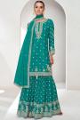 Teal Chinon Silk Embroidered Sharara Kurta Set