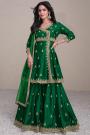 Stunning Green Silk Embroidered Long Kurti Lehenga Set