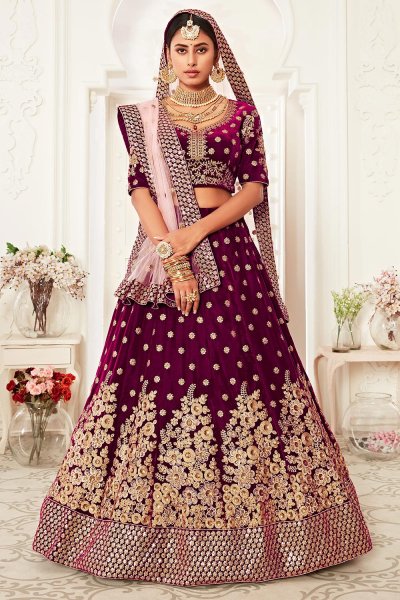 Wine Velvet Embroidered Lehenga Set