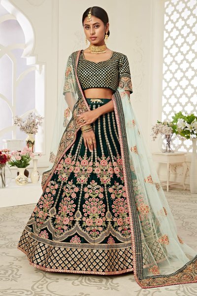 Dark Green Velvet Embroidered Lehenga Set