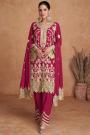 Deep Red Pink Chinon Silk Embroidered Kurta Set