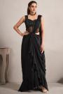 Pre-Draped Black Chinon Silk Saree With Hand Work Blouse