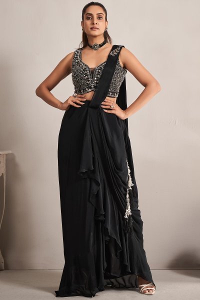 Pre-Draped Black Georgette  Hand Work Embroidered Saree