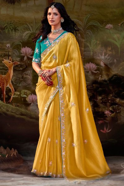 Mustard Yellow Organza Silk Chiffon Embroidered Saree